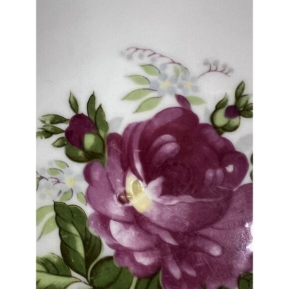 VTG Floral Green Lusterware Scalloped Rim Round Serving Dish 7" Diameter Rose - Picture 4 of 6